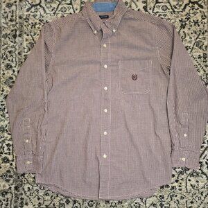Chaps Easy Care Gingham Button Down Shirt Burgundy White Mens S Business Casual